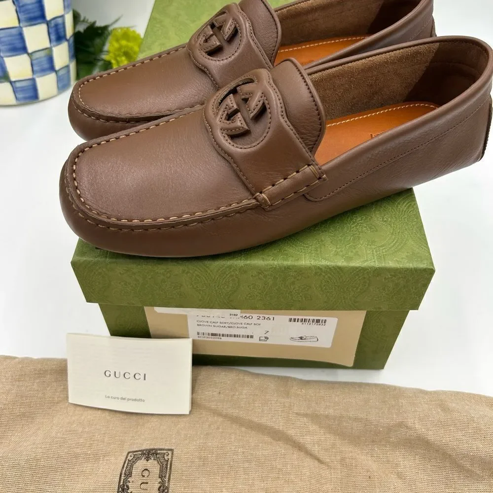Men’s  Gucci interlocking G leather driver loafers size 7 fits 8 US